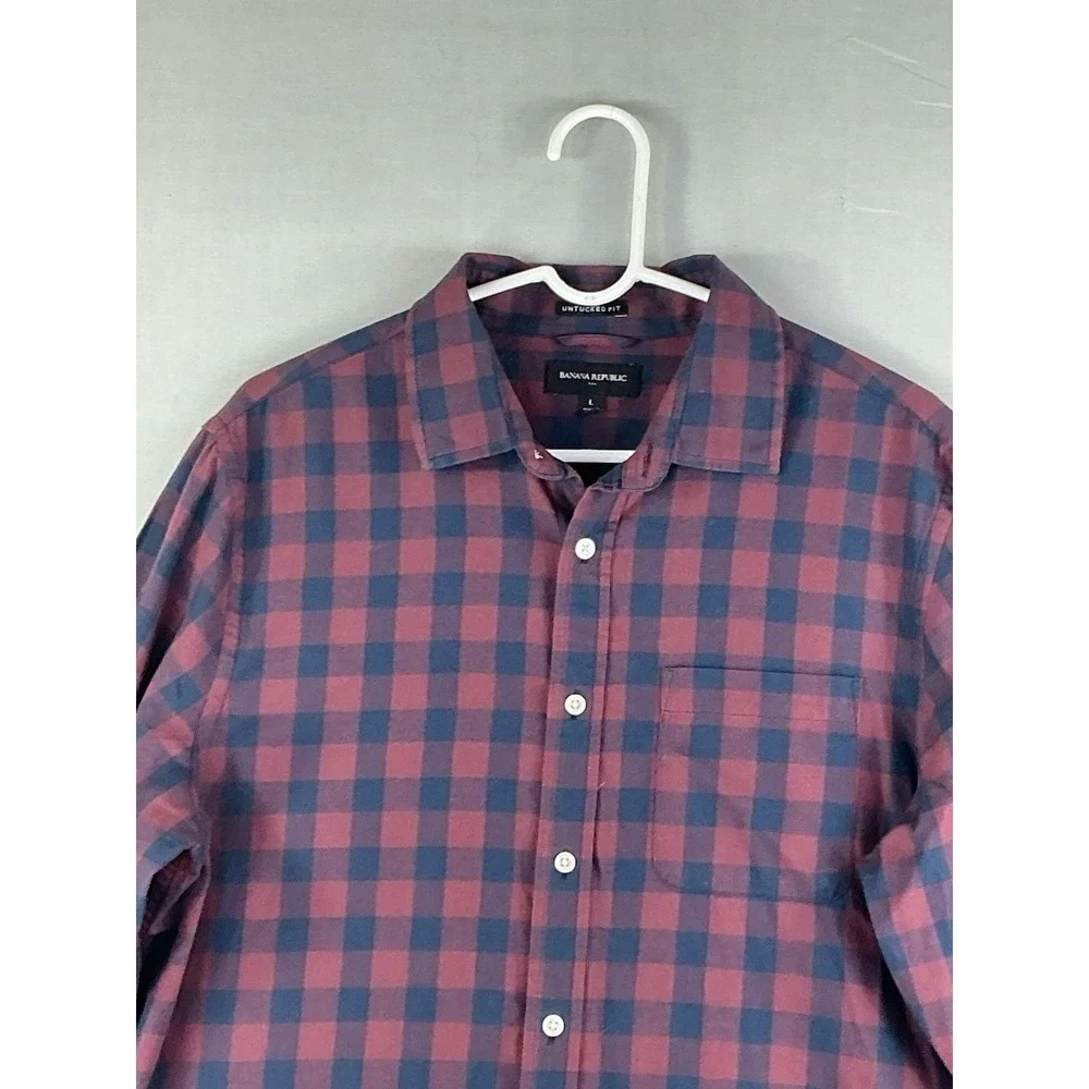 Banana Republic Shirt Mens Large Red Blue Plaid Button Up Long Sleeve Untucked